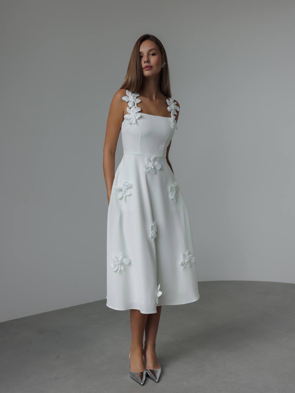 Camellia 3D Floral Midi Dress — White