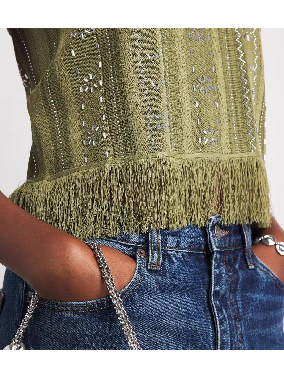 Olive Fringe Embellished Top