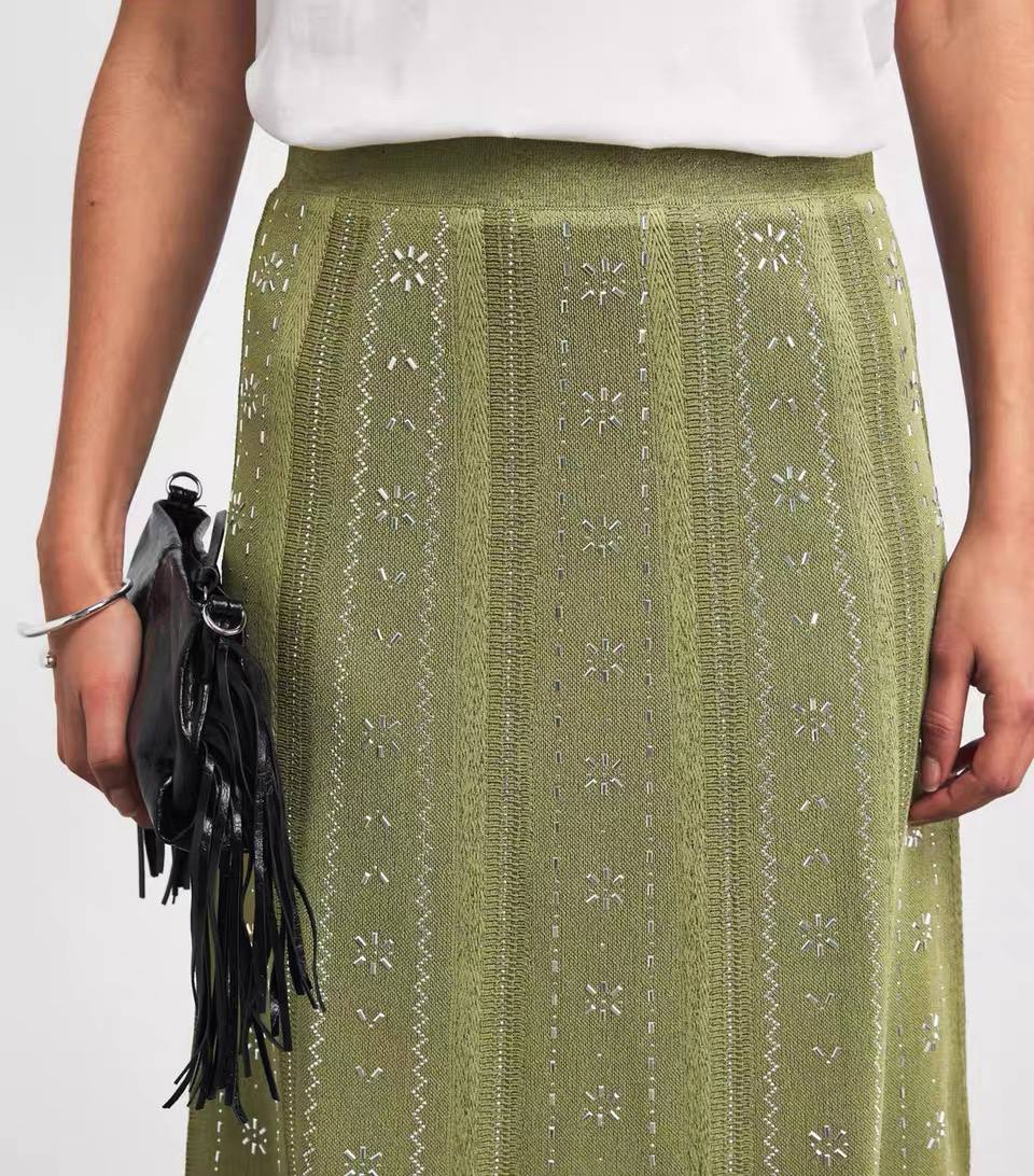 Olive Fringe Embellished Midi Skirt