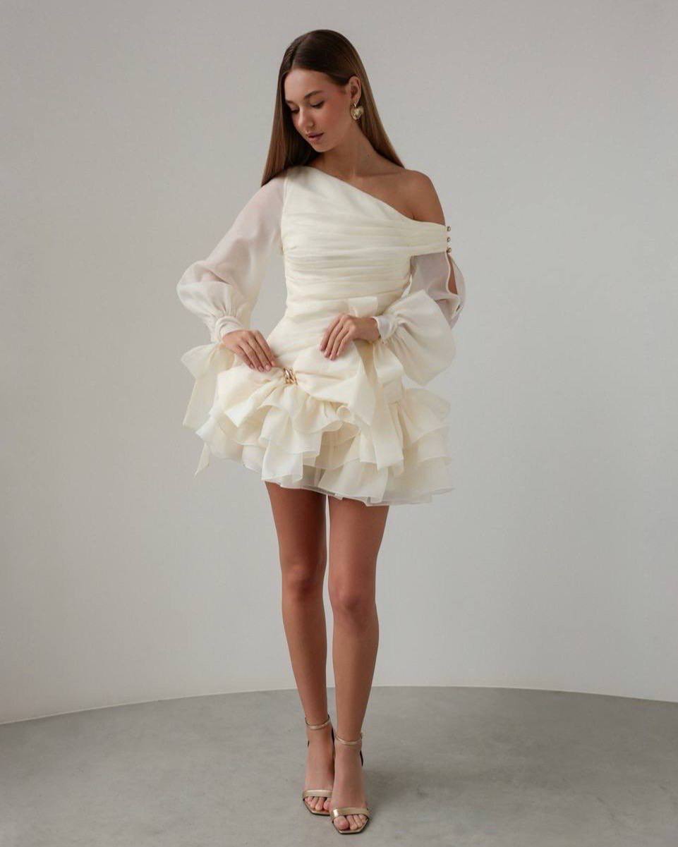 Celeste Ruffle Mini Dress — Beige