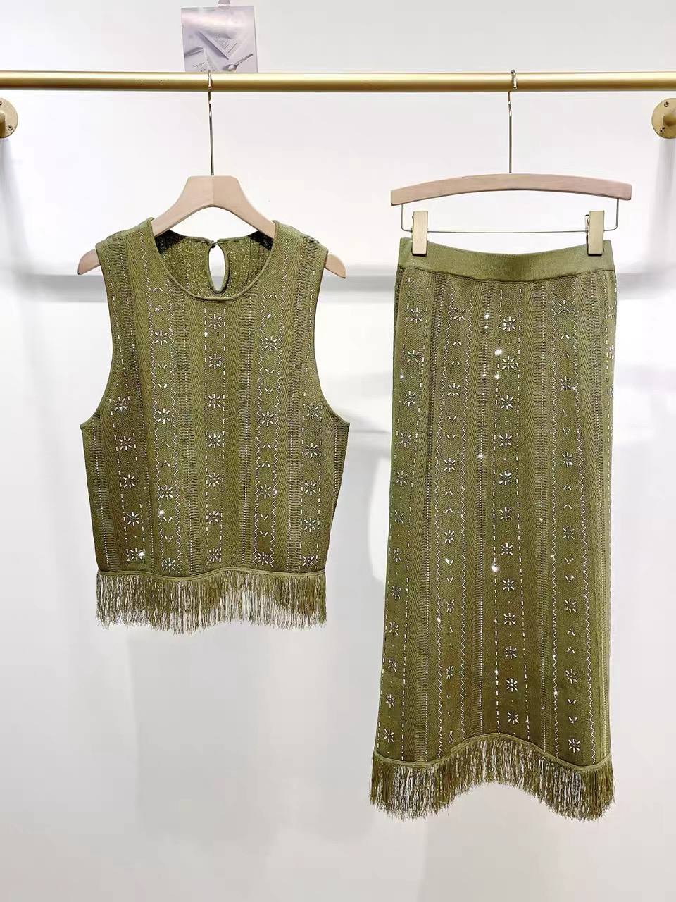 Olive Fringe Embellished Midi Skirt