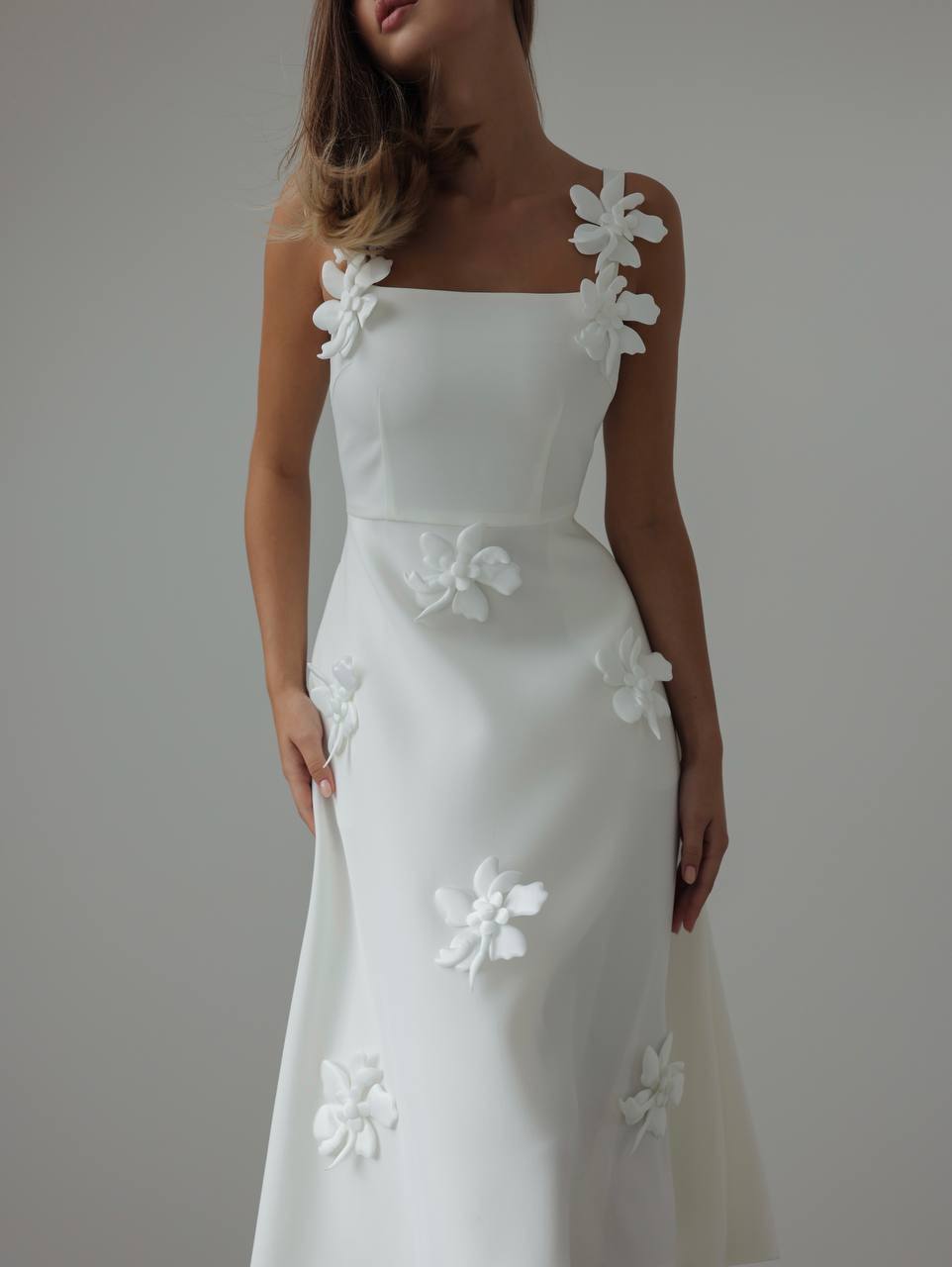 Camellia 3D Floral Midi Dress — White