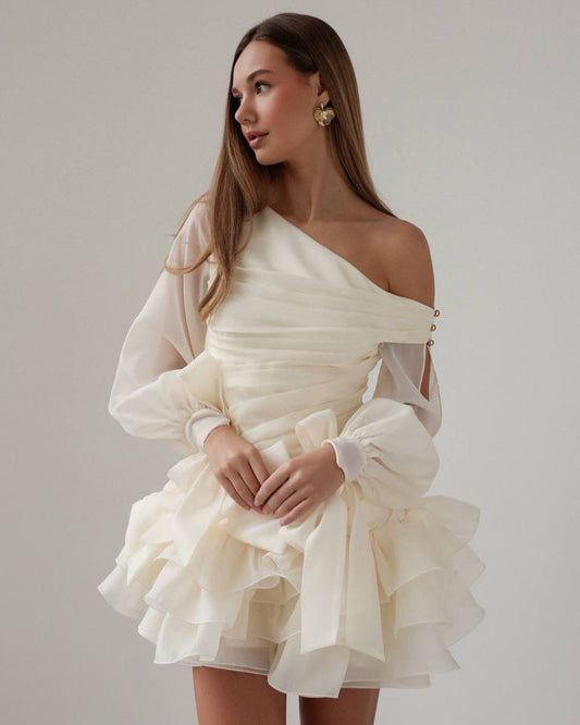 Celeste Ruffle Mini Dress — Beige