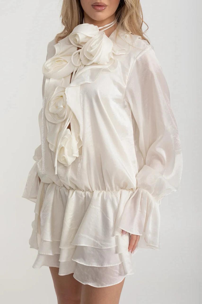 White Ruffled Mini Dress with Rosettes