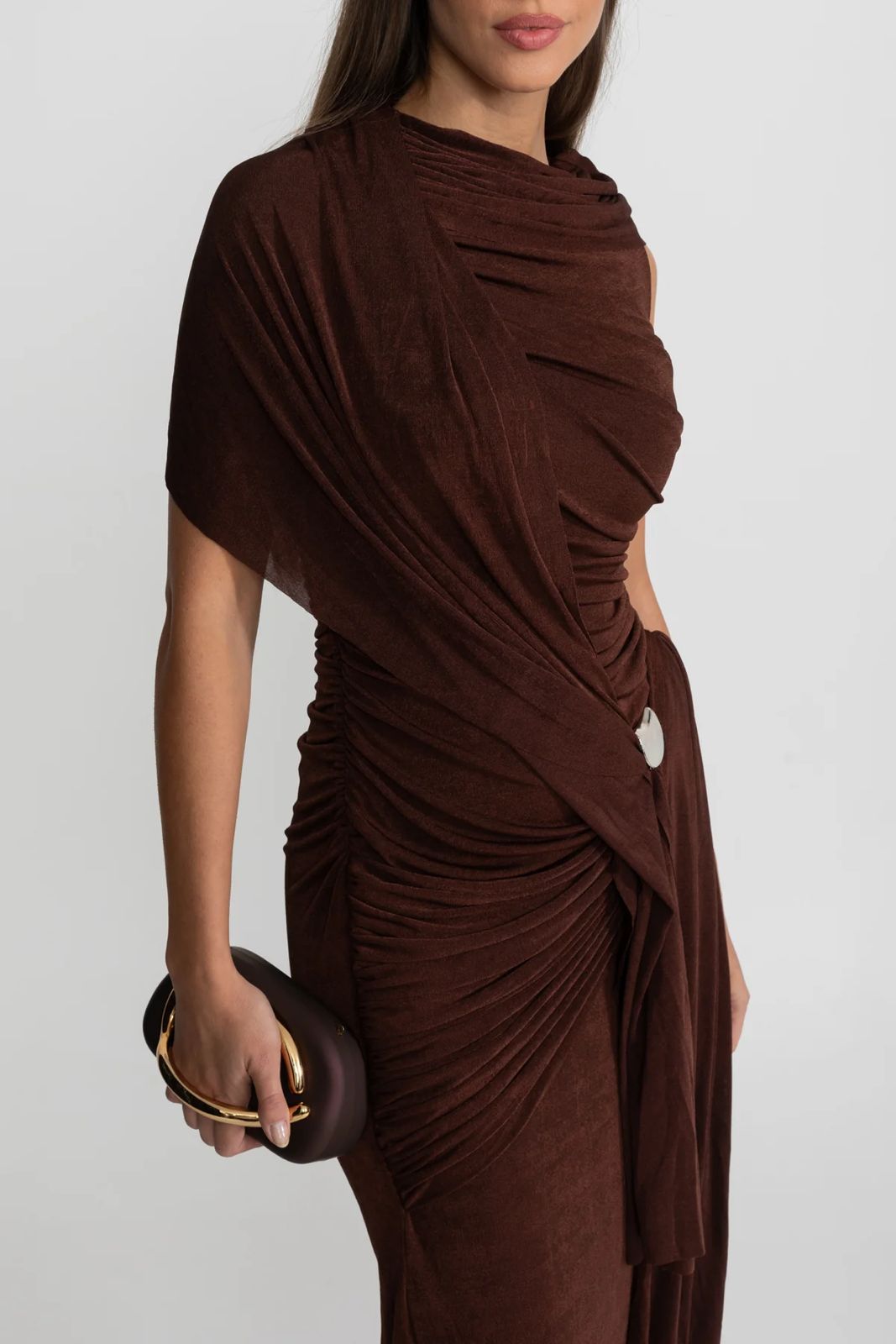 Morena Draped Asymmetric Long Dress Brown
