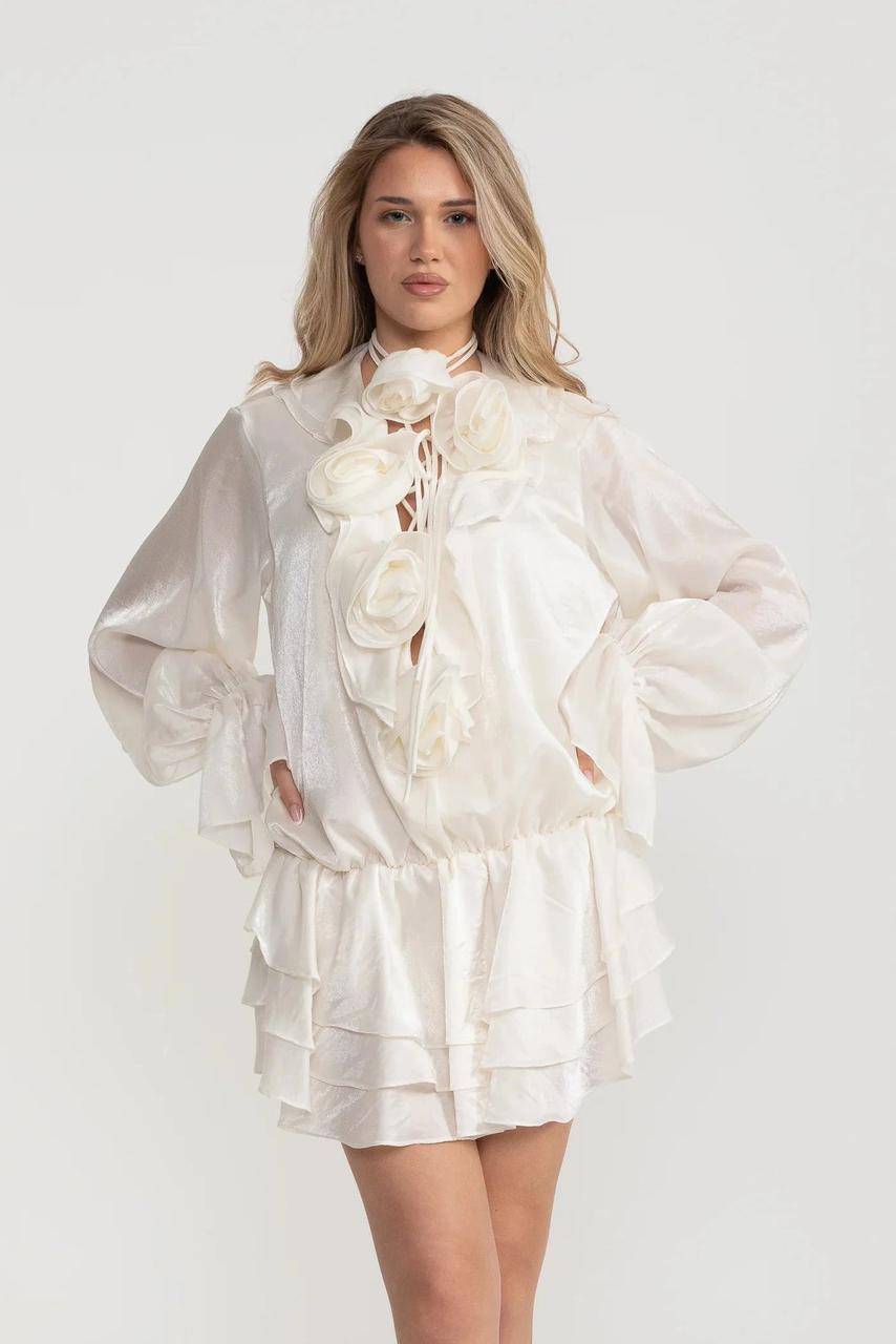 White Ruffled Mini Dress with Rosettes