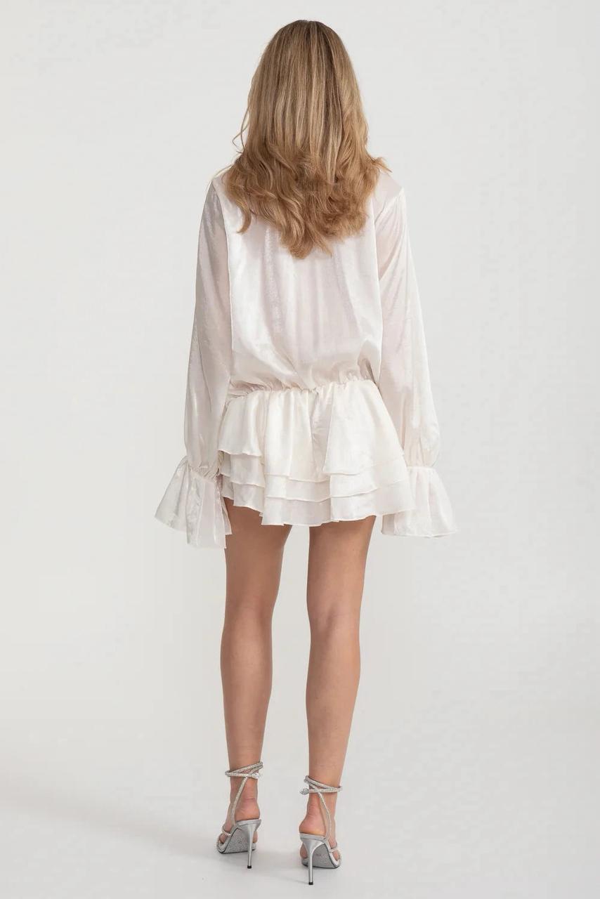 White Ruffled Mini Dress with Rosettes