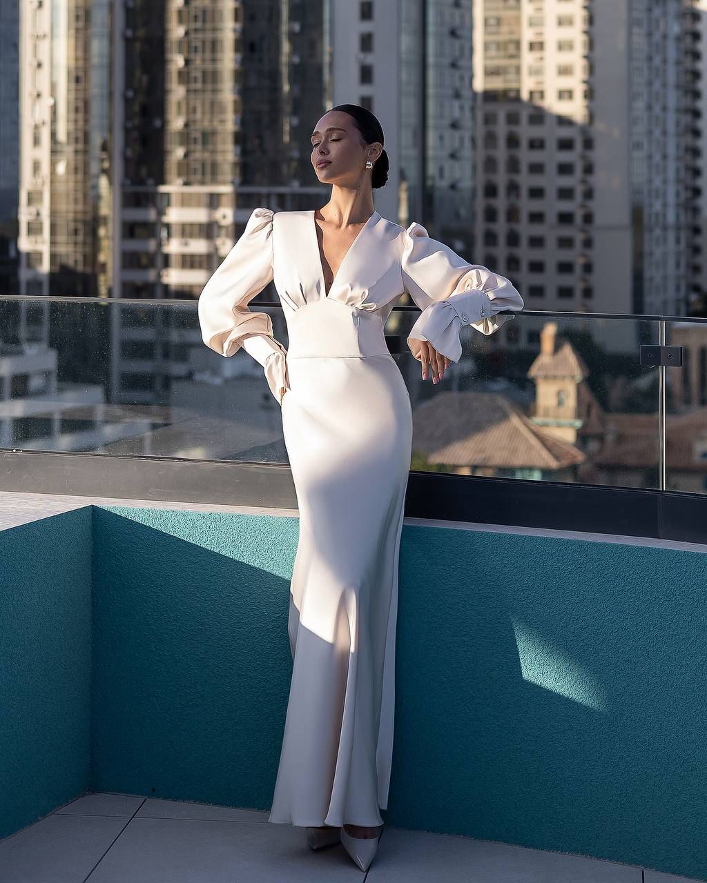 Elegant Maxi Dress with Deep V-Neckline & Flared Sleeves White