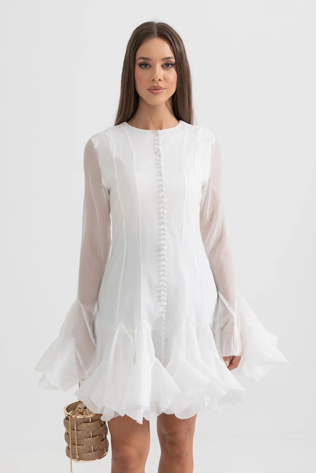 Mini Dress with Sheer Sleeves & Ruffled Hem