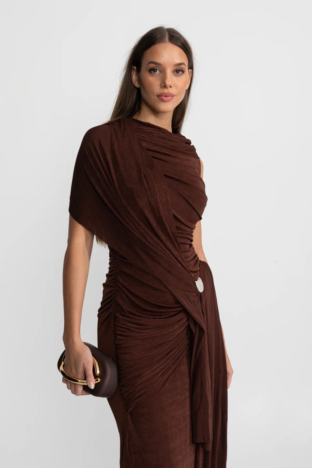 Morena Draped Asymmetric Long Dress Brown