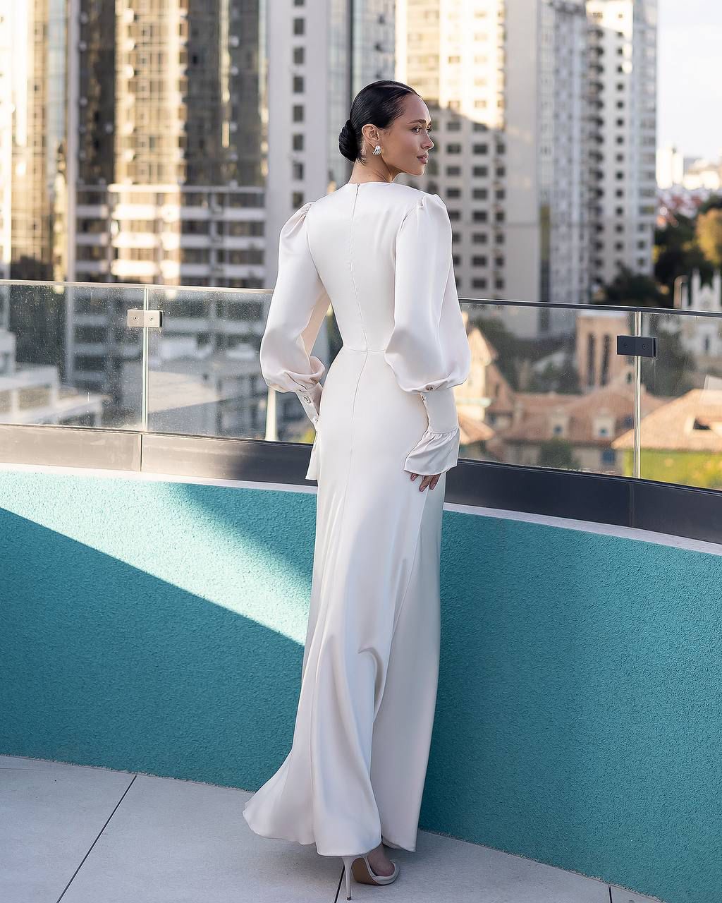 Elegant Maxi Dress with Deep V-Neckline & Flared Sleeves White
