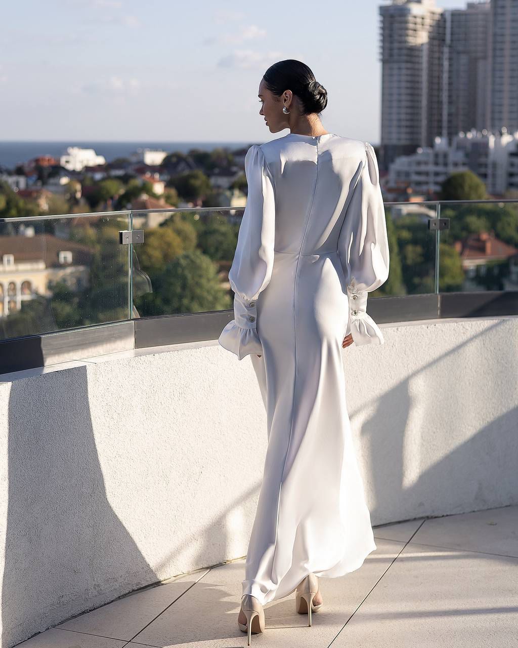 Elegant Maxi Dress with Deep V-Neckline & Flared Sleeves White