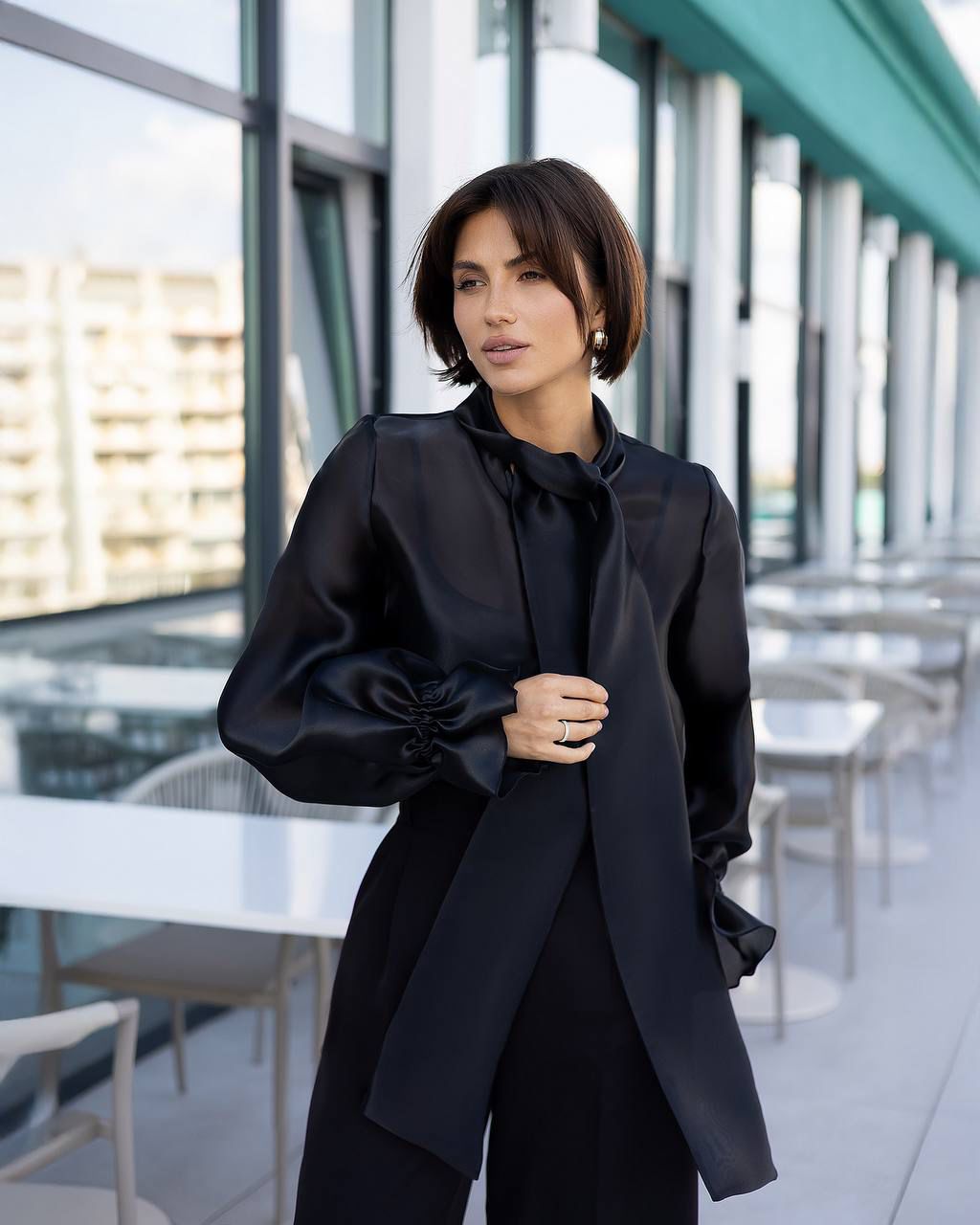 Silky Tie-Neck Blouse Black