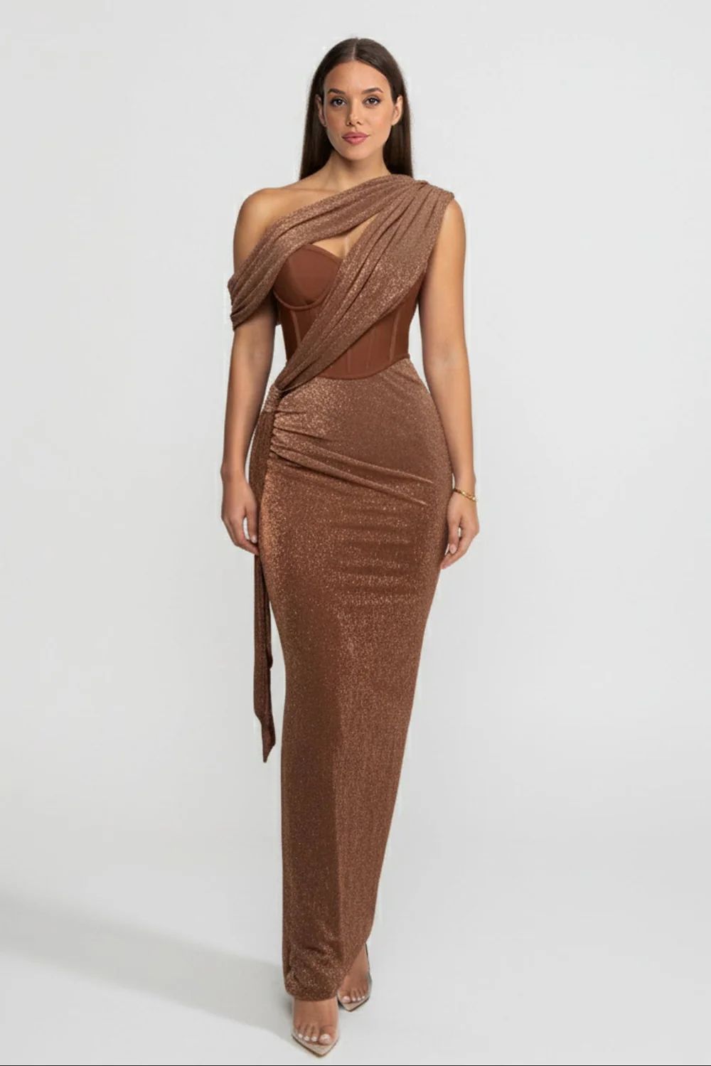 Бронзова драпірована корсетна сукня