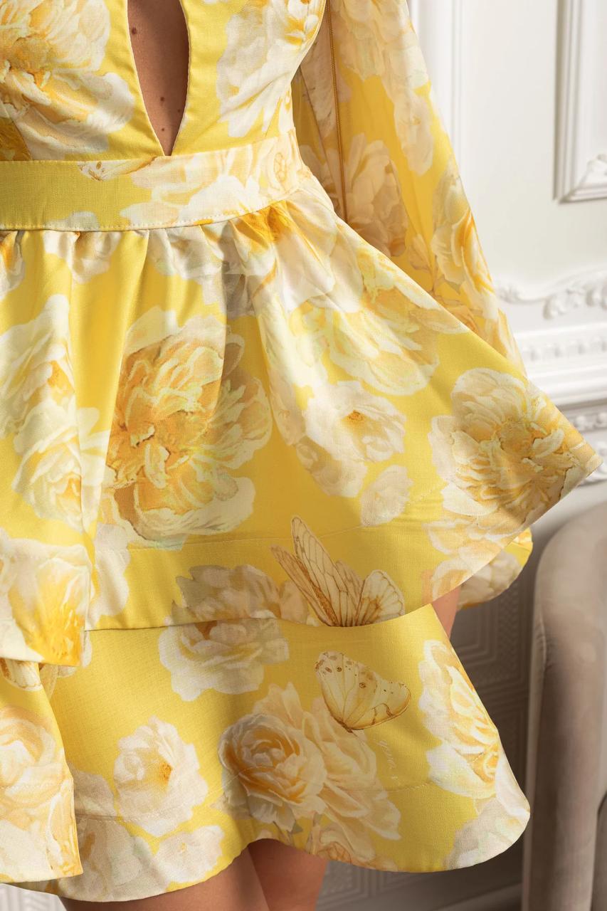 Floral Tiered Mini Dress with Voluminous Sleeves Yellow