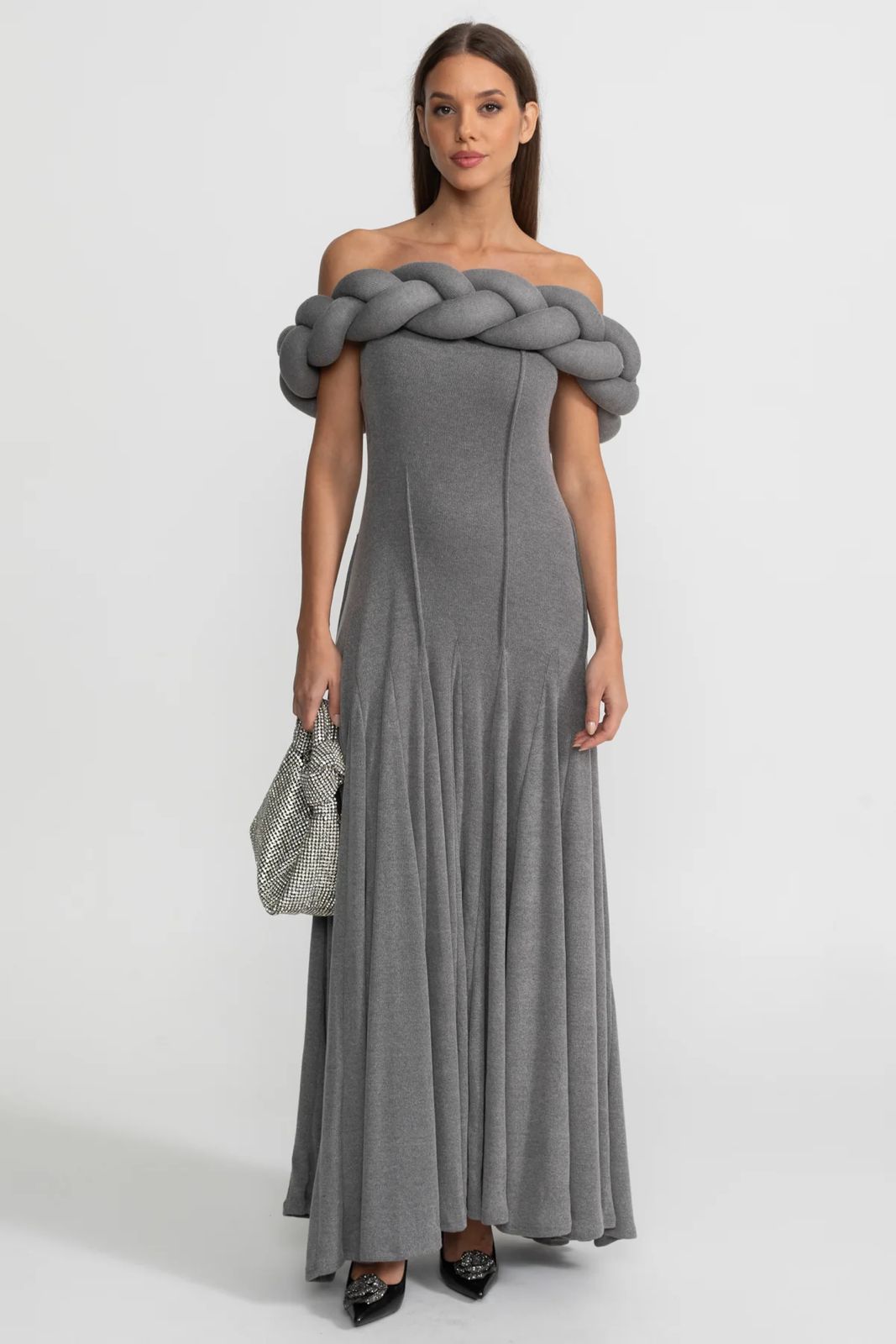 Elara Off-Shoulder Maxi Dress Grey
