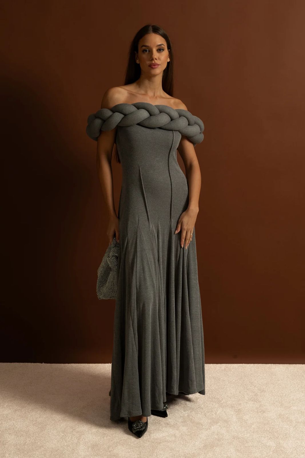 Elara Off-Shoulder Maxi Dress Grey