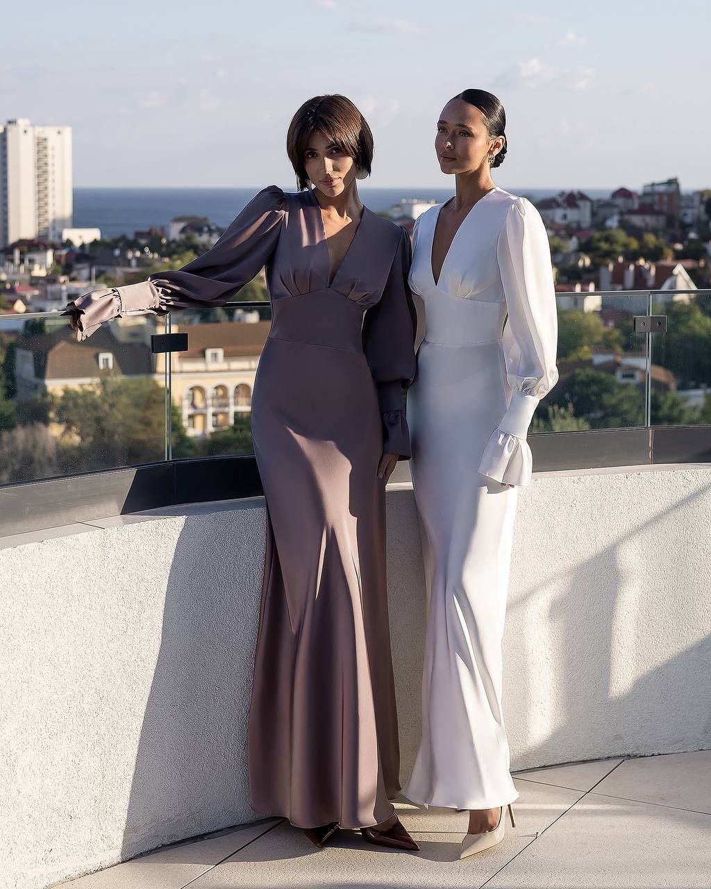 Elegant Maxi Dress with Deep V-Neckline & Flared Sleeves White
