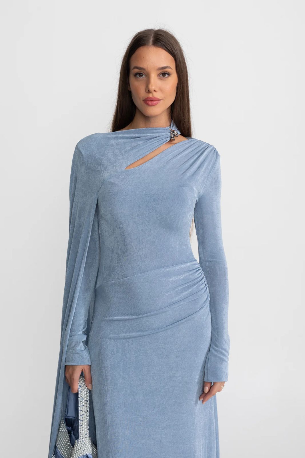 Serella Draped Cape Long Dress Blue