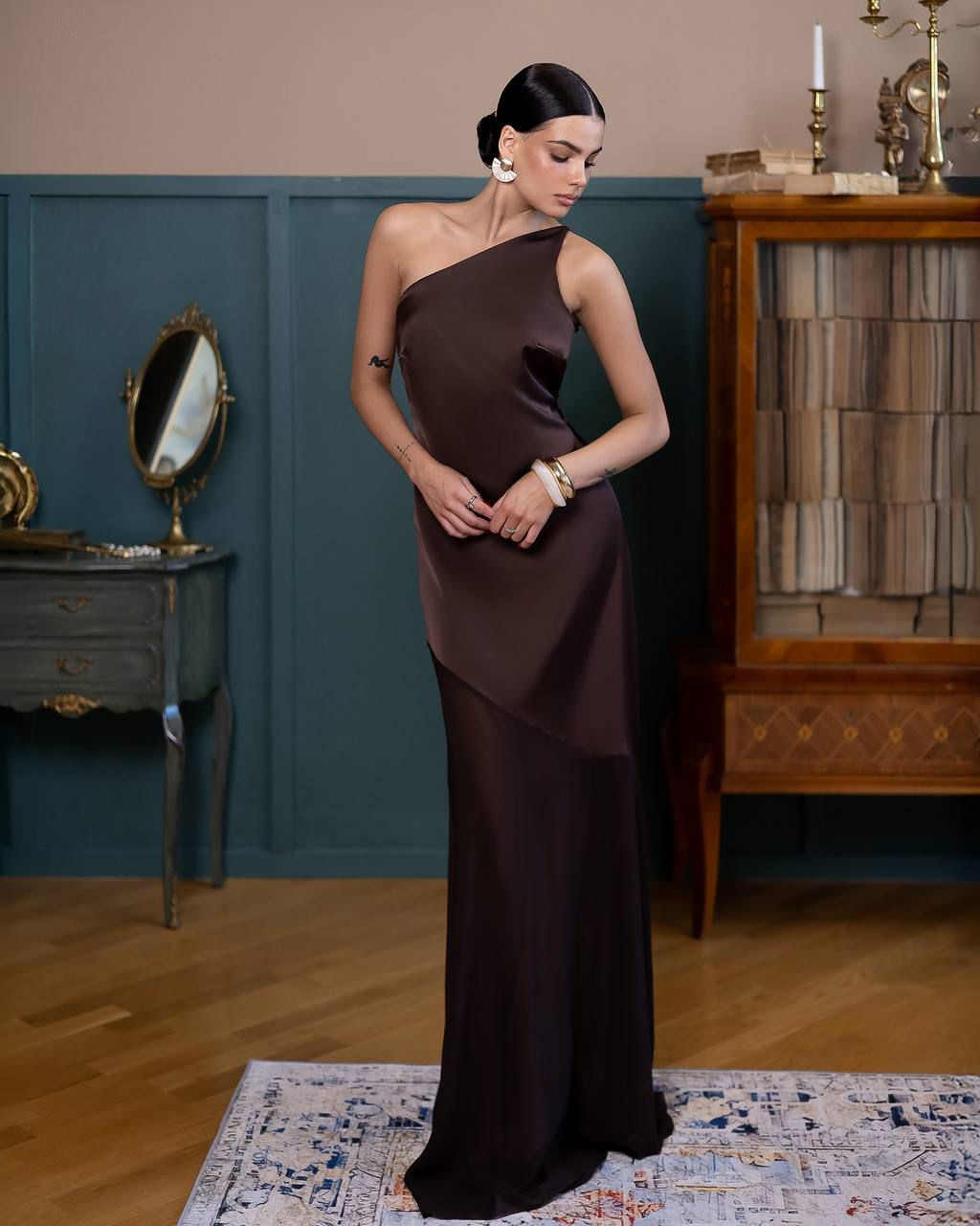 A-Mora One-Shoulder Satin Slip Gown