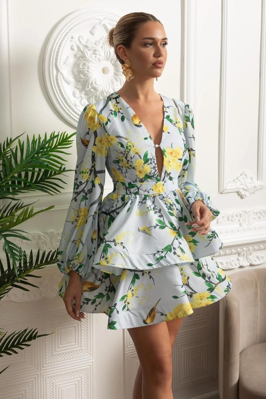 Floral Tiered Mini Dress with Voluminous Sleeves Green