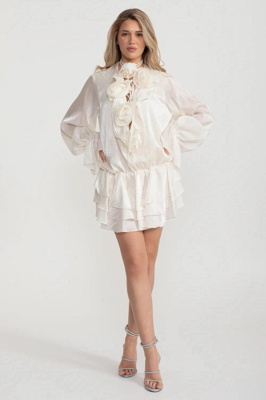 White Ruffled Mini Dress with Rosettes