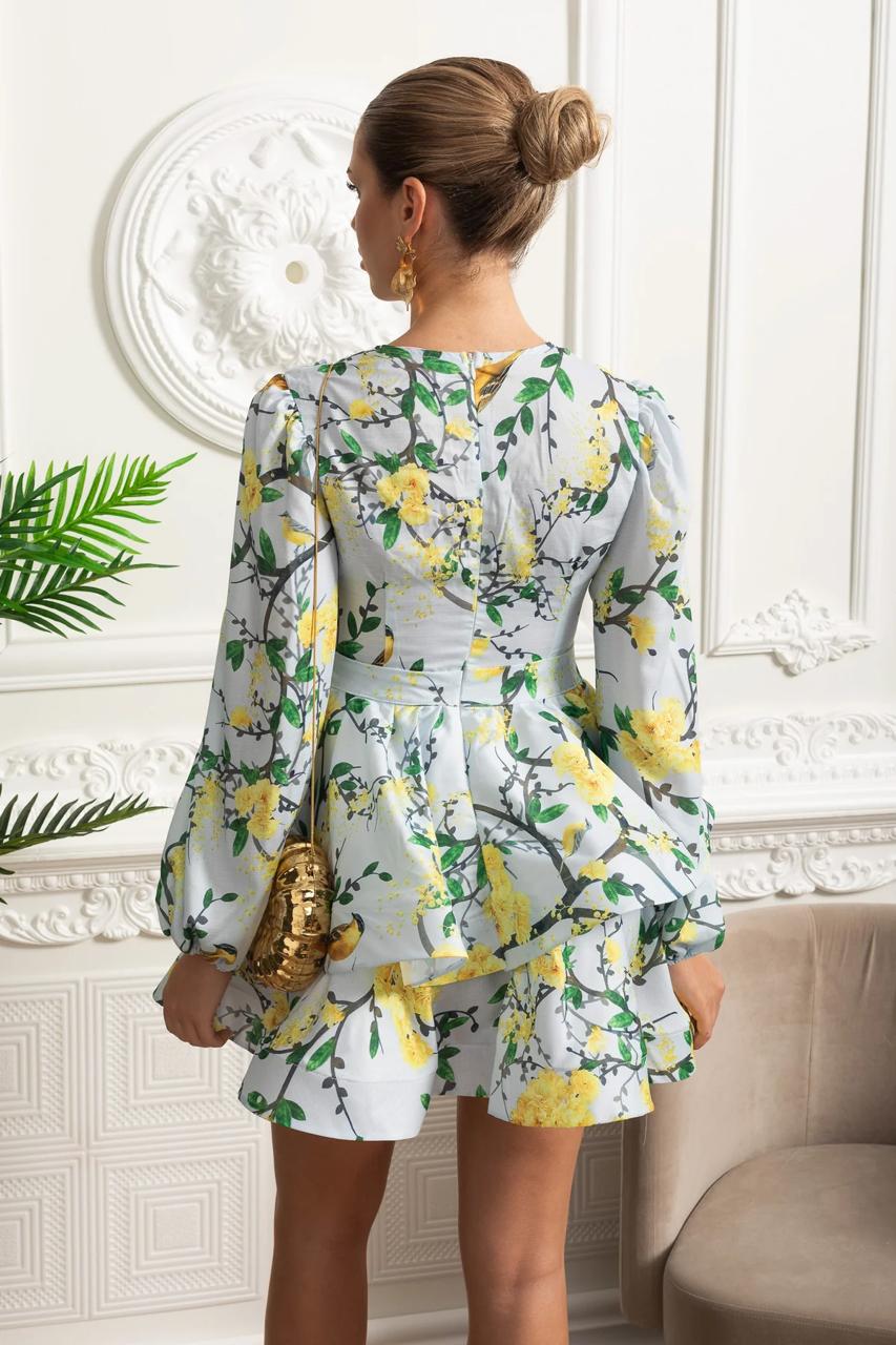 Floral Tiered Mini Dress with Voluminous Sleeves Green