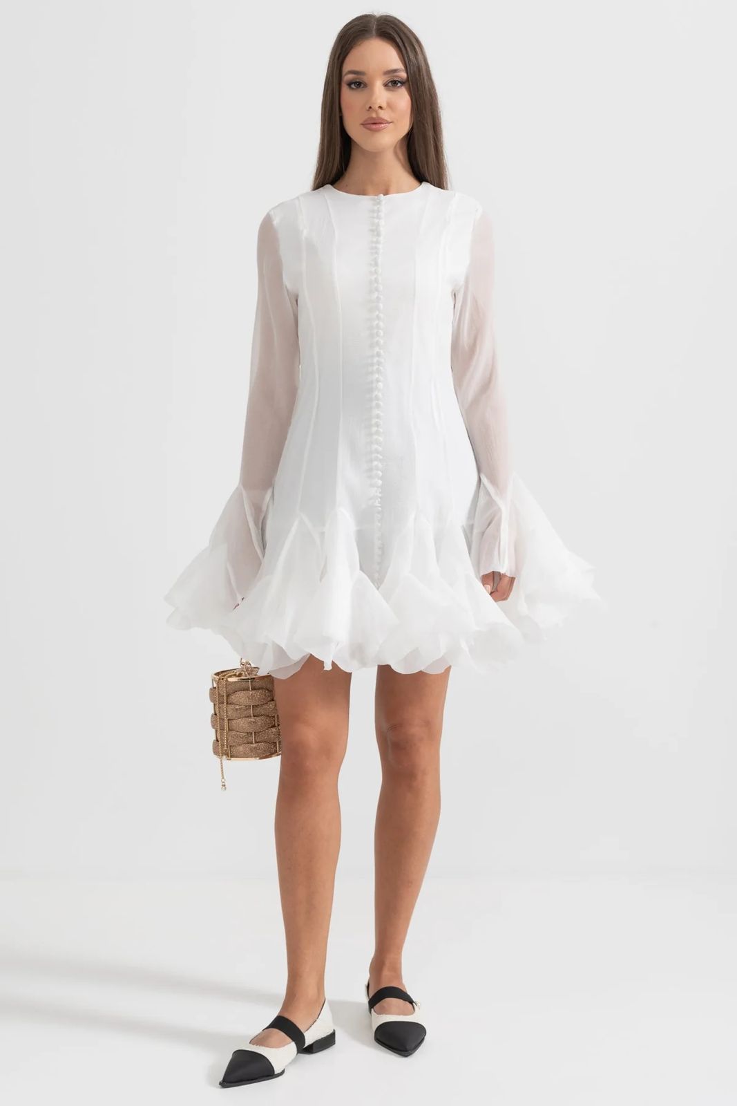 Mini Dress with Sheer Sleeves & Ruffled Hem