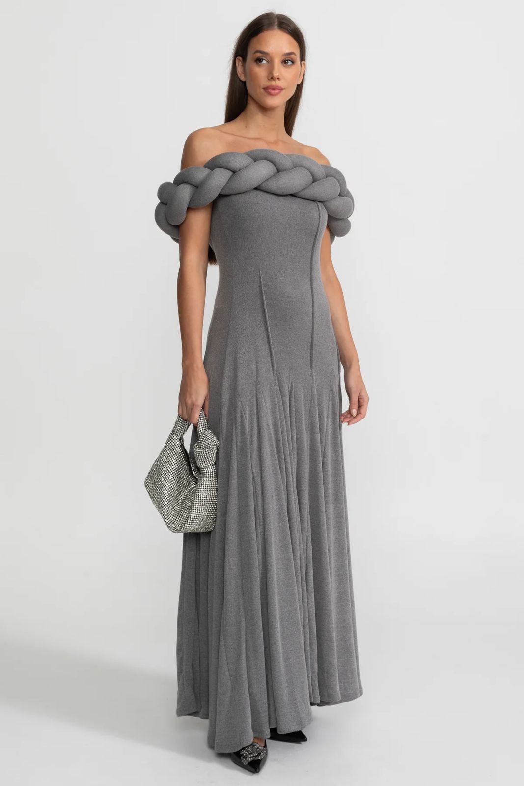 Elara Off-Shoulder Maxi Dress Grey