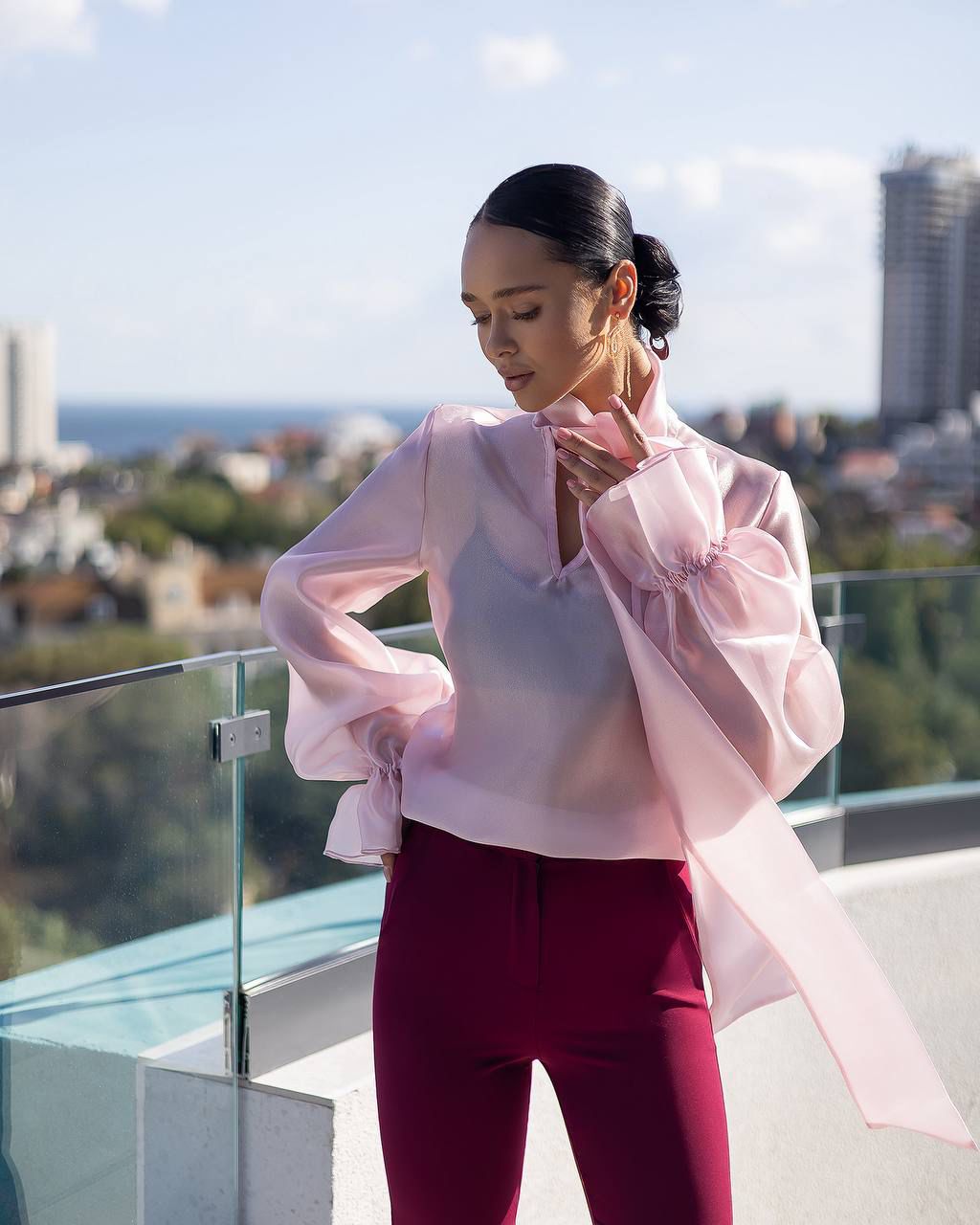 Silky Tie-Neck Blouse Pink