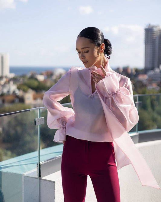 Silky Tie-Neck Blouse Pink