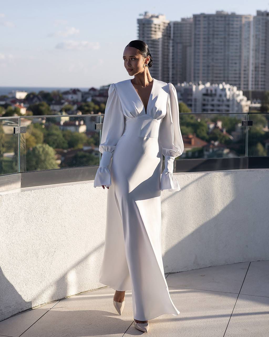 Elegant Maxi Dress with Deep V-Neckline & Flared Sleeves White