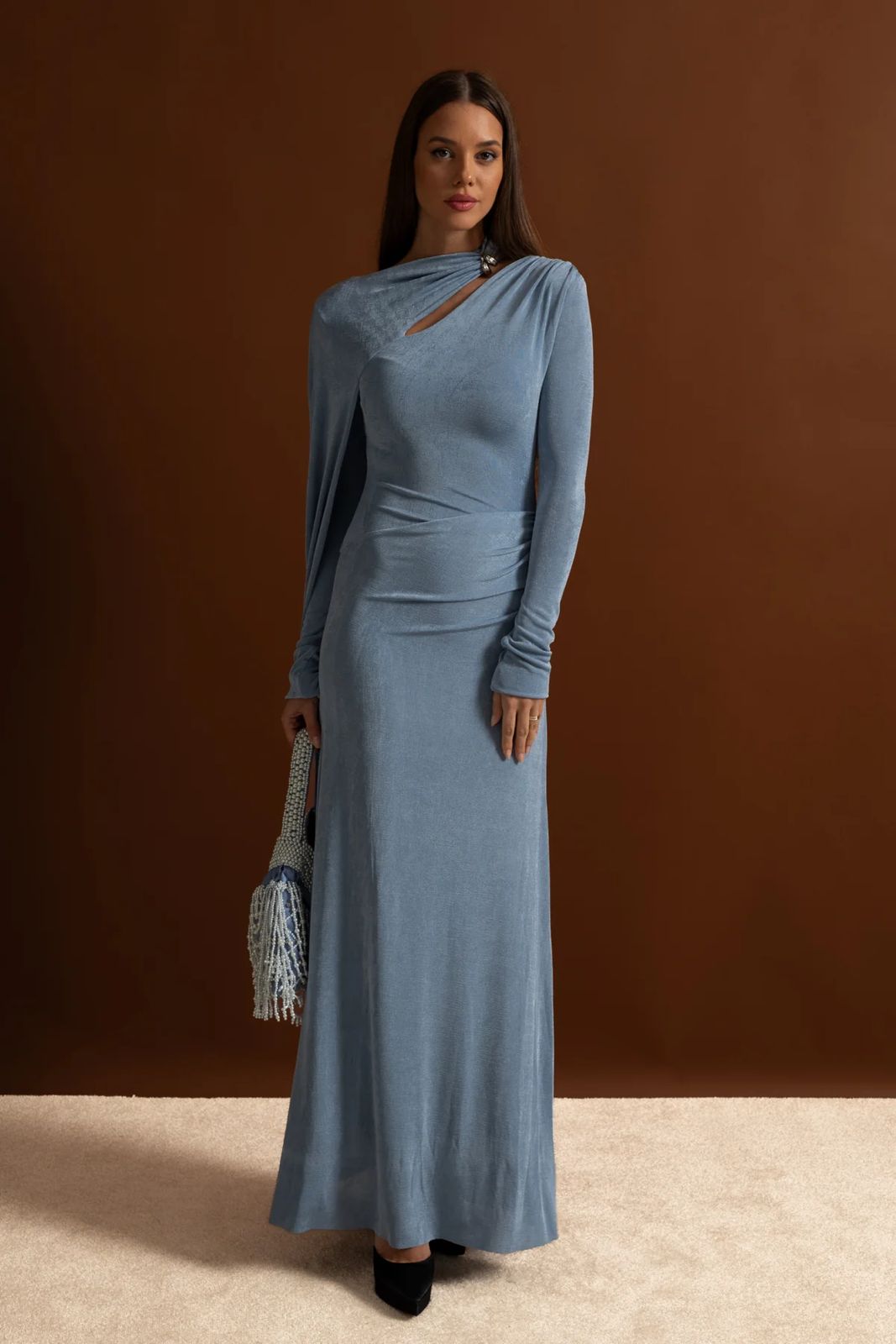 Serella Draped Cape Long Dress Blue