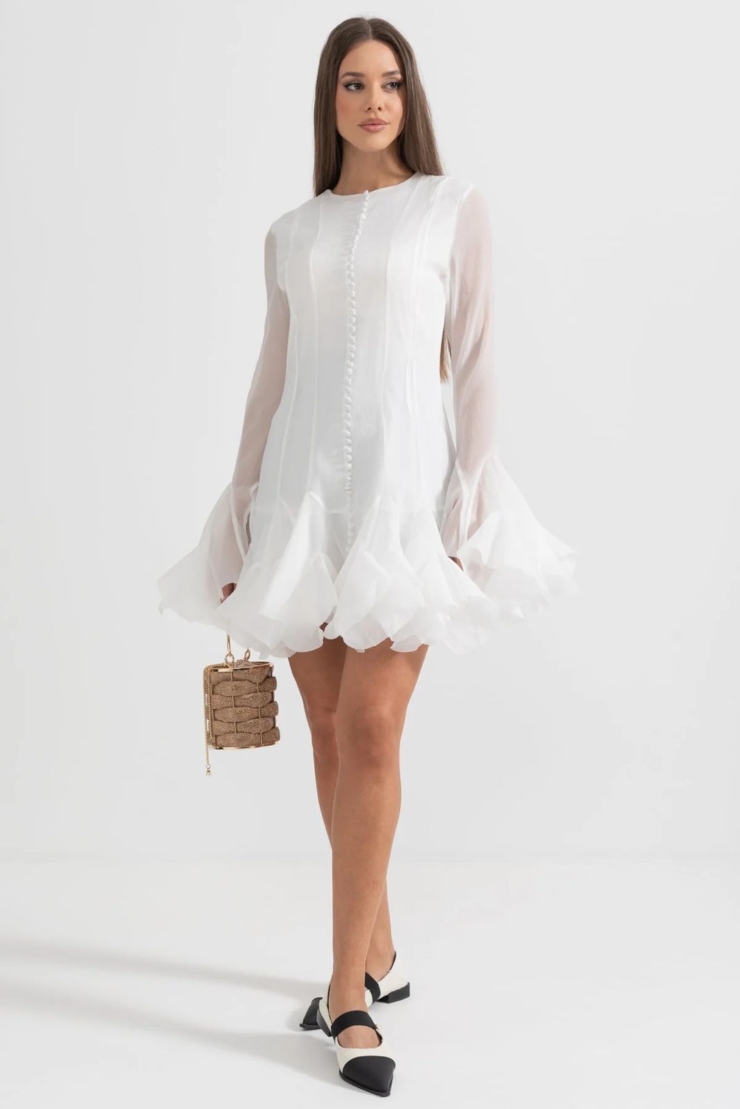 Mini Dress with Sheer Sleeves & Ruffled Hem