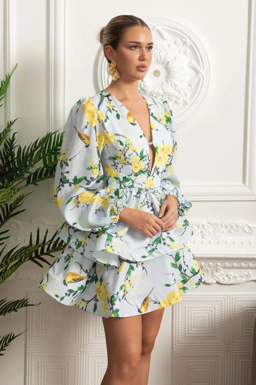 Floral Tiered Mini Dress with Voluminous Sleeves Green