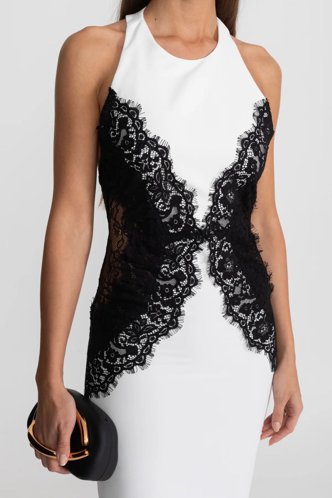 Velmora Lace Panel Long Dress White Black