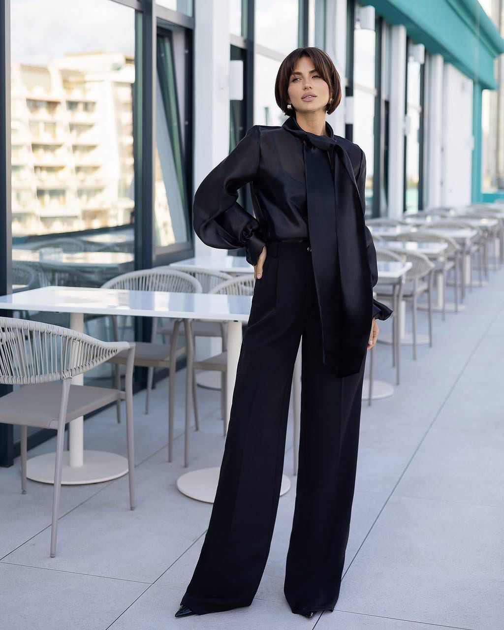 Silky Tie-Neck Blouse Black