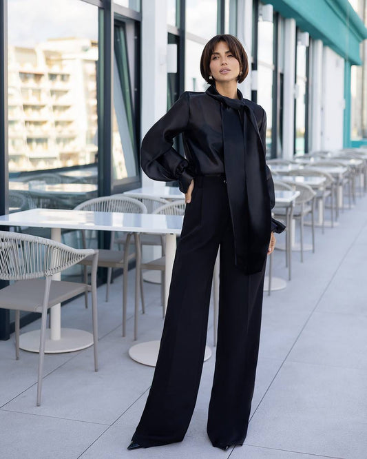 Silky Tie-Neck Blouse Black