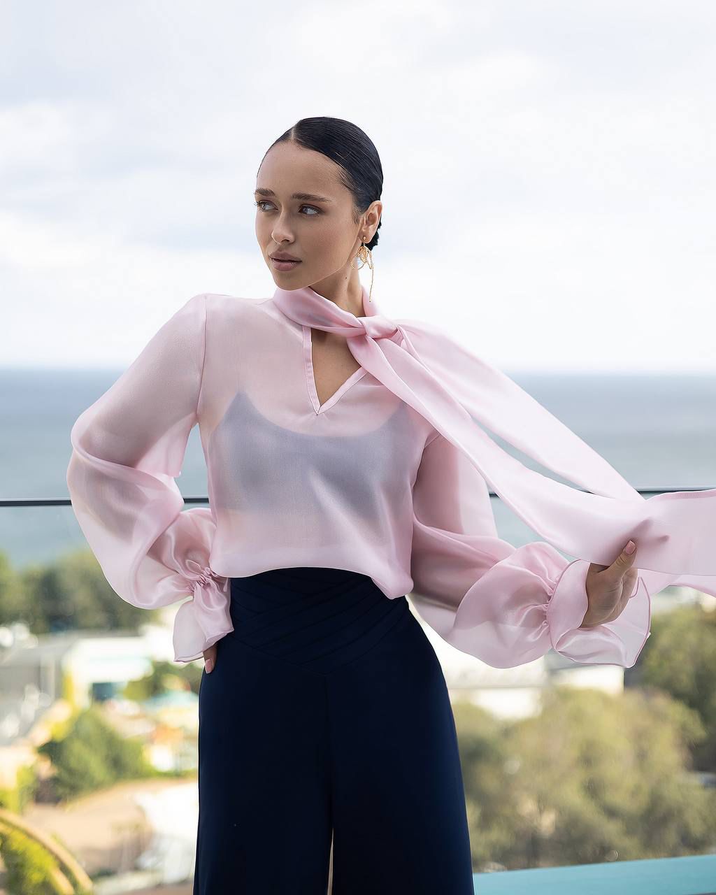 Silky Tie-Neck Blouse Pink