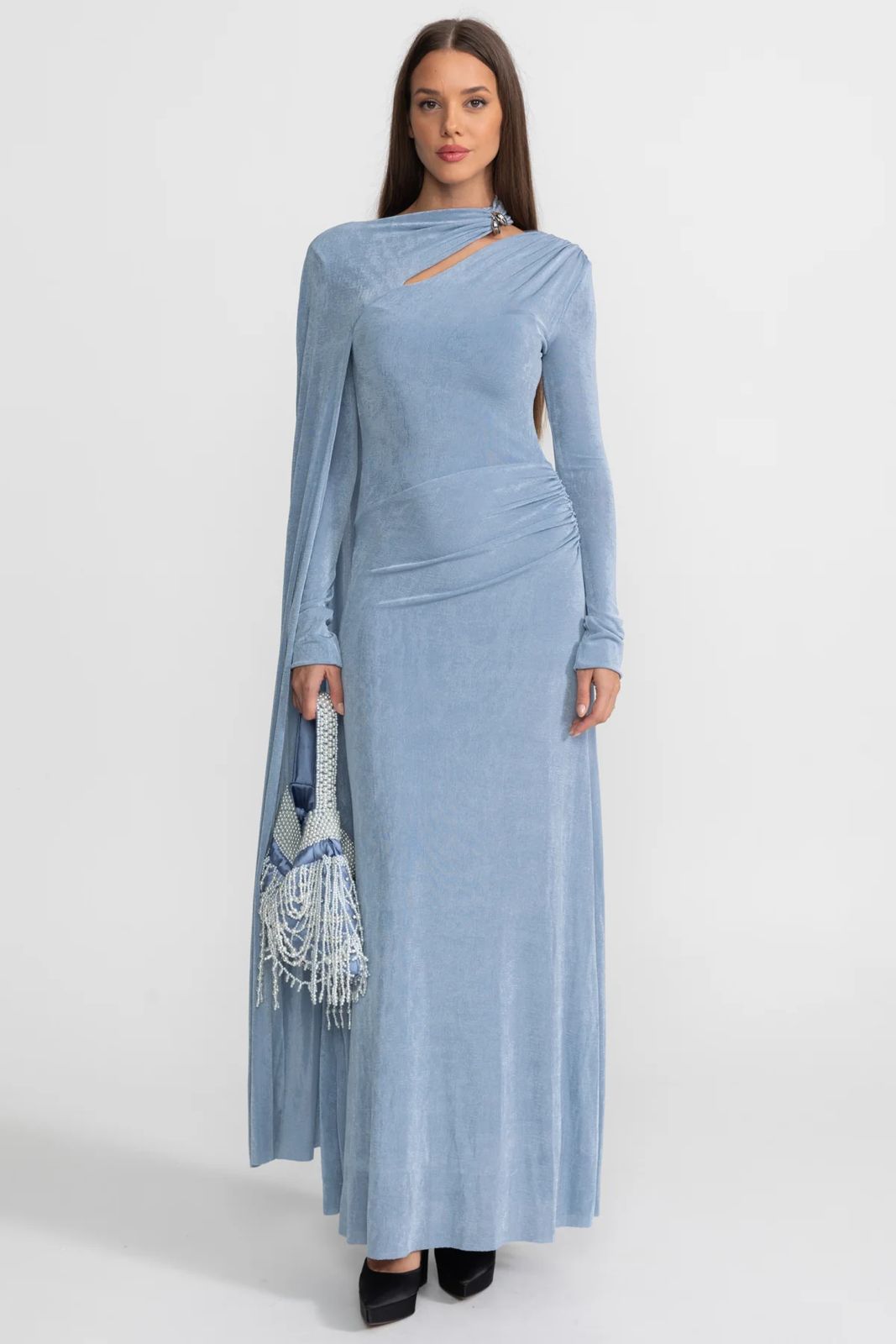 Serella Draped Cape Long Dress Blue