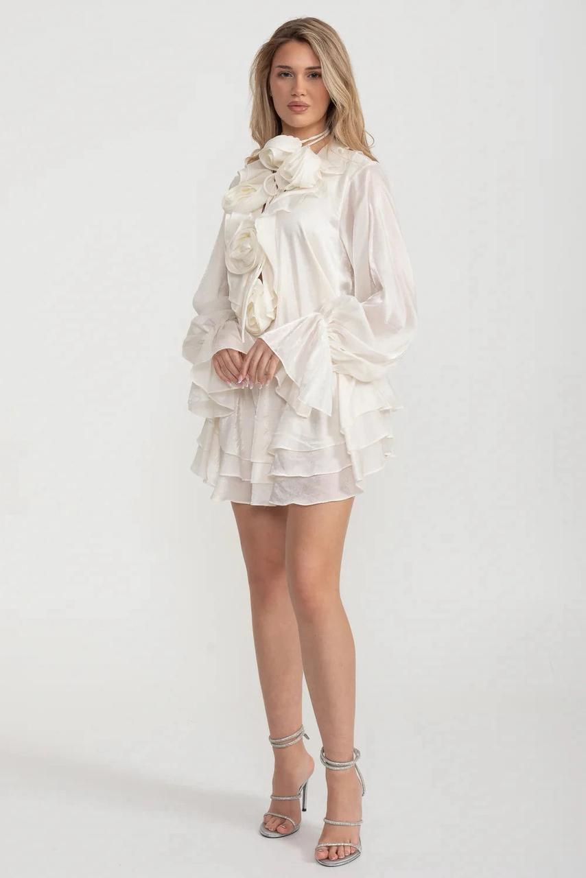 White Ruffled Mini Dress with Rosettes