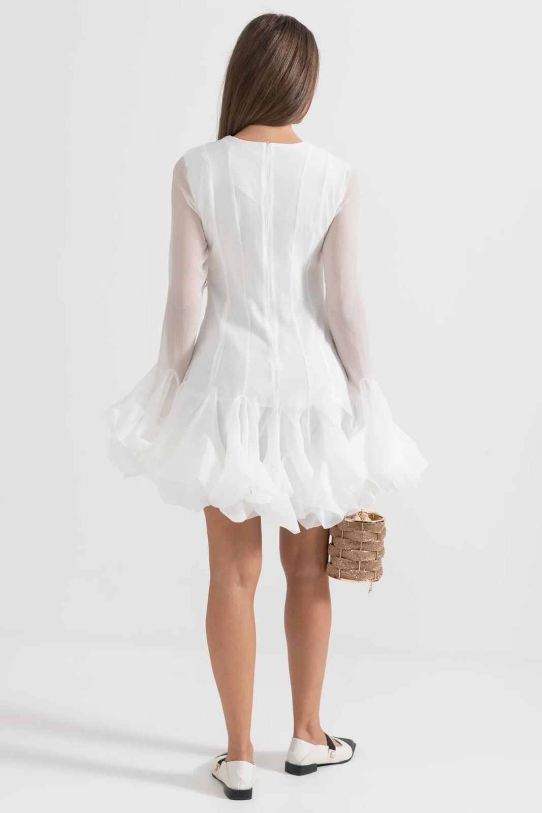Mini Dress with Sheer Sleeves & Ruffled Hem