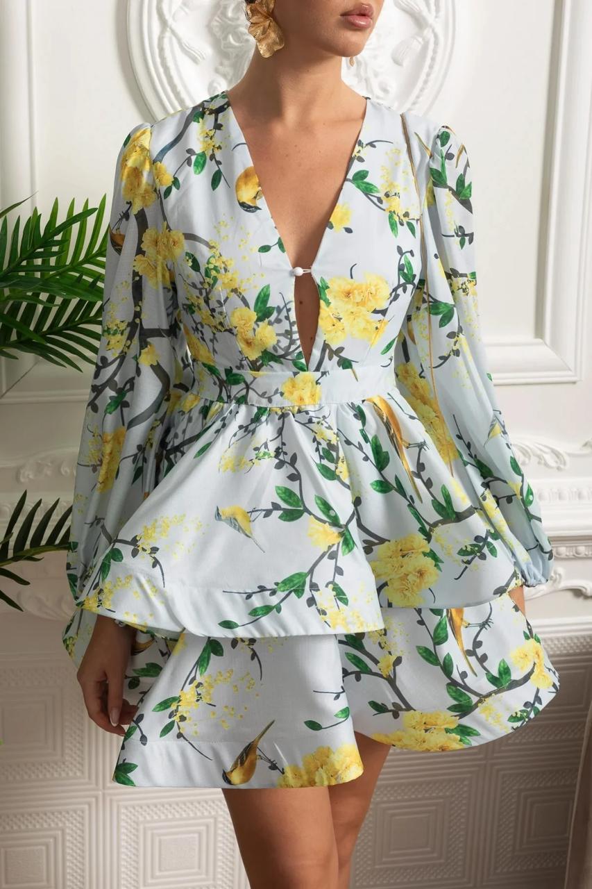 Floral Tiered Mini Dress with Voluminous Sleeves Green