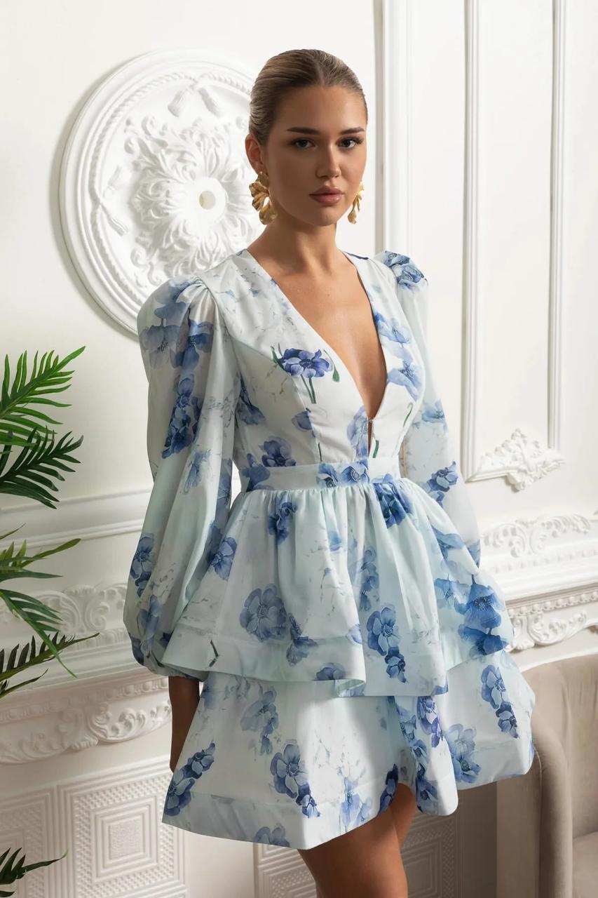Floral Tiered Mini Dress with Voluminous Sleeves Blue