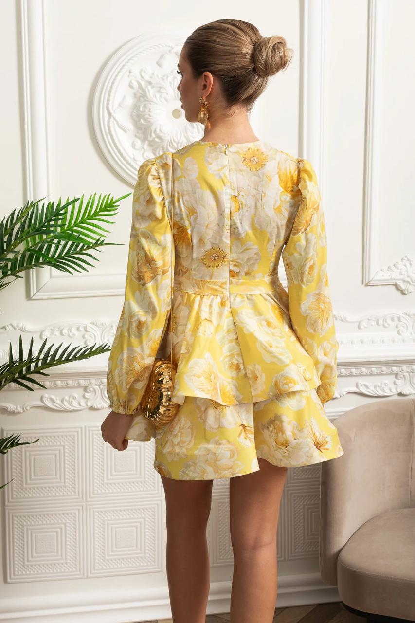 Floral Tiered Mini Dress with Voluminous Sleeves Yellow