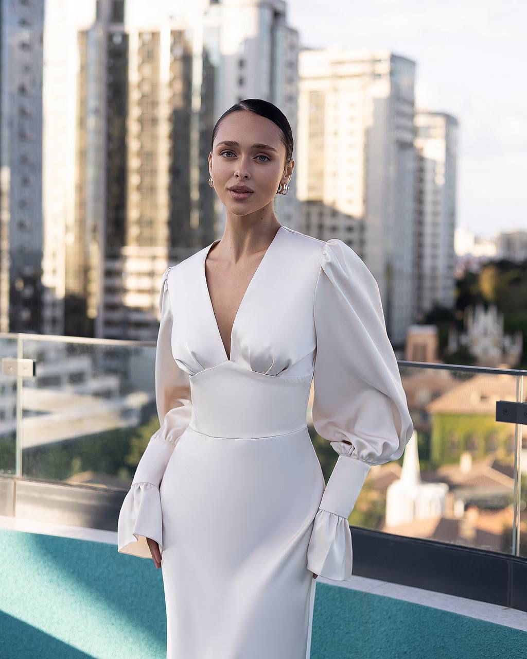 Elegant Maxi Dress with Deep V-Neckline & Flared Sleeves White