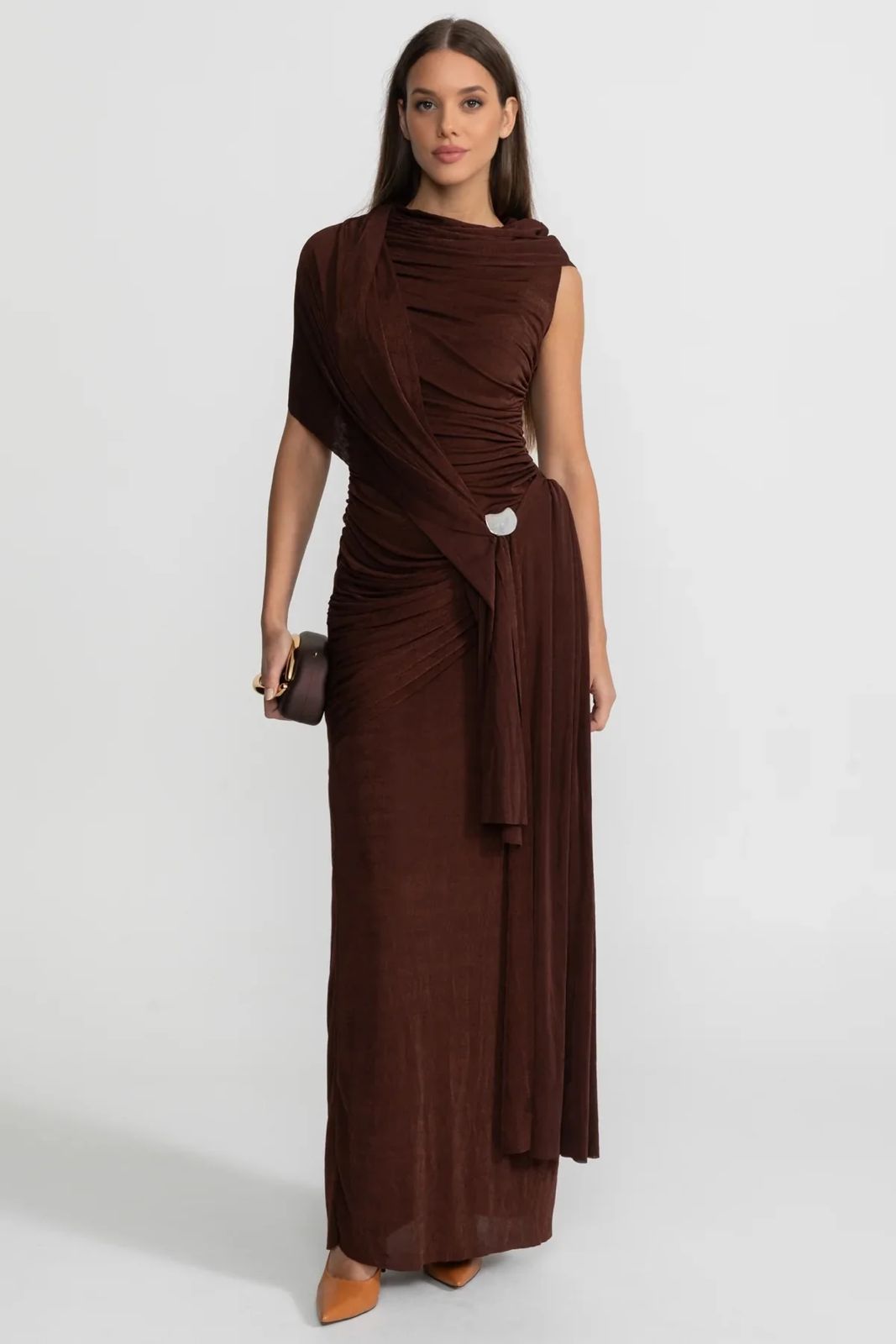 Morena Draped Asymmetric Long Dress Brown