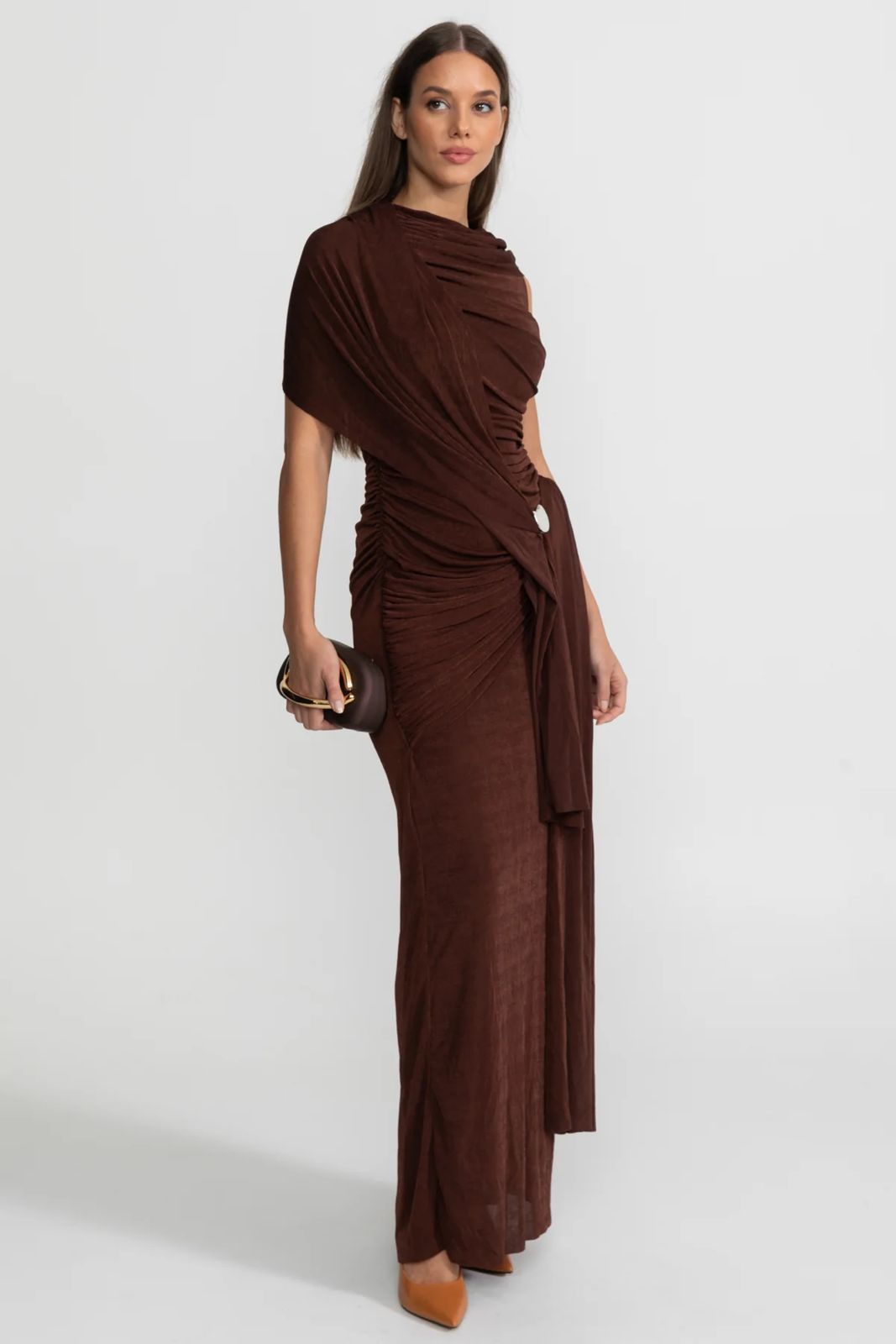 Morena Draped Asymmetric Long Dress Brown