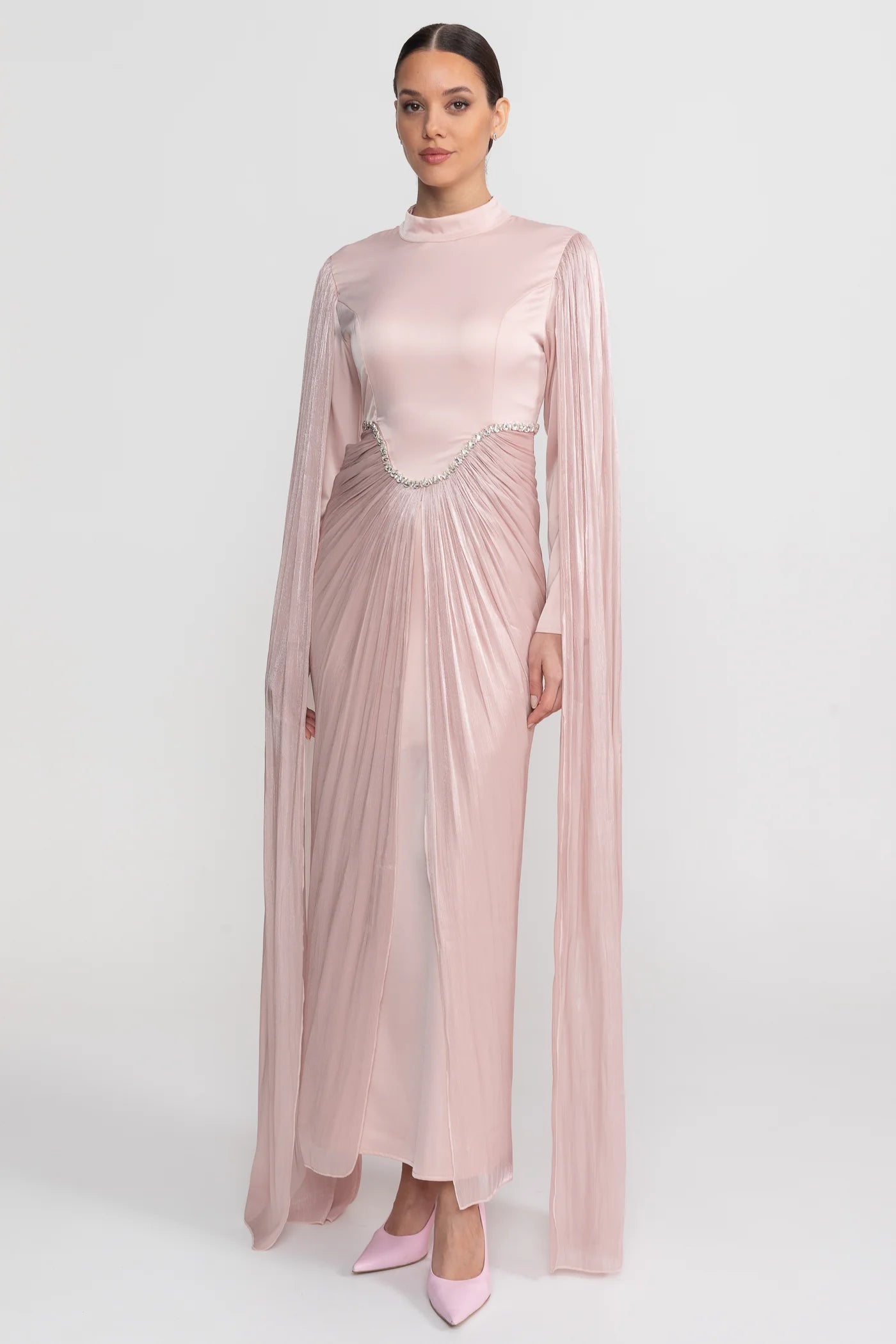 Aurora — blush maxi dress with draped waist