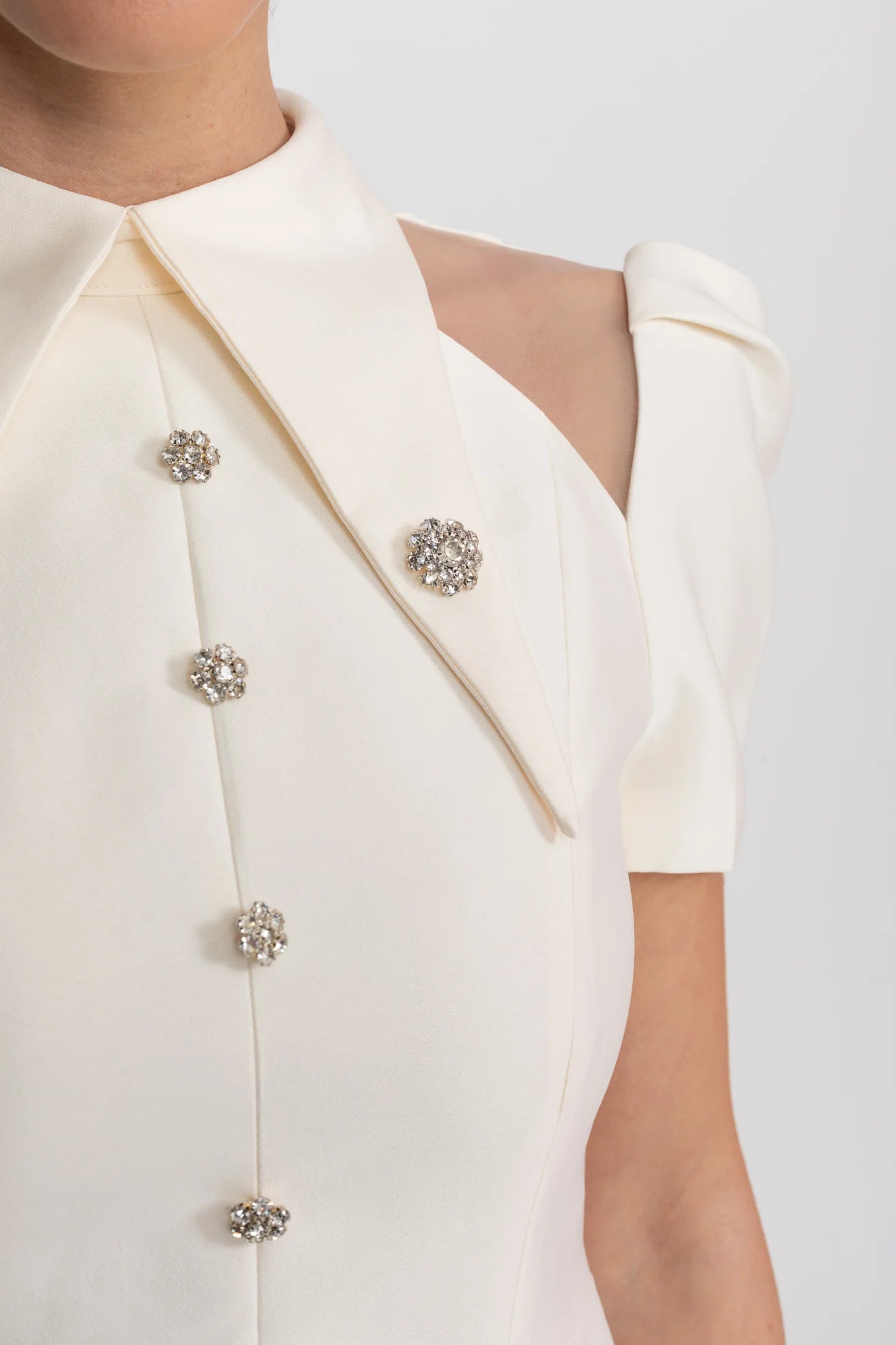 Vivienne — ivory mini dress with open shoulders